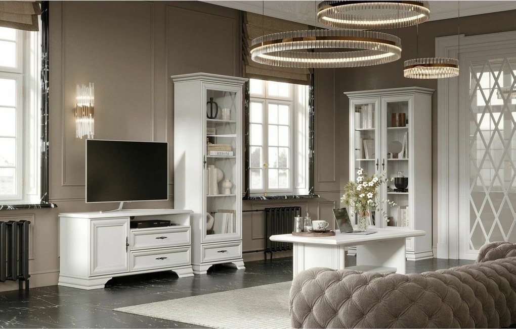 Mobilier living alb clasic IDENTO 5, format din 2 vitrine, masuta cafe