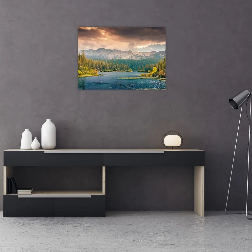 Tablou pe sticlă cu râu montan și munți (70x50 cm)