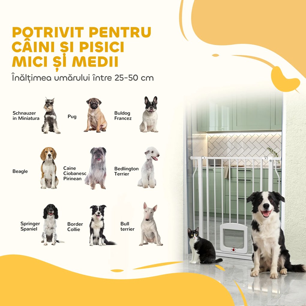 PawHut Poartă pentru Câini și Pisici Extensibilă cu Ușă Integrată, Poartă din Oțel și ABS, 75-85x2x76 cm, Alb | Aosom Romania