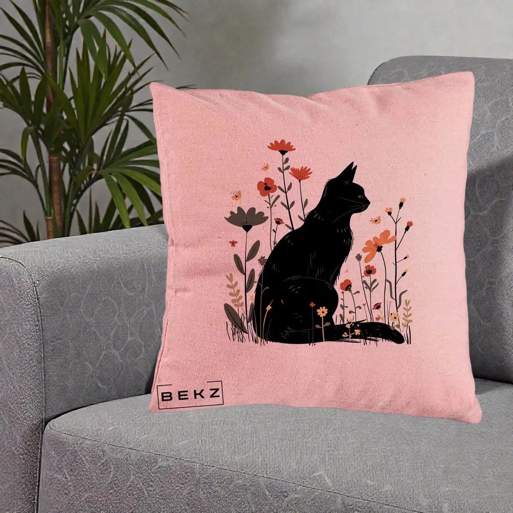 Perna Decorativa Pisica Neagra Profil Flori Portocalii, 40x40 cm, Roz, Husa Detasabila, Perna Inclusa, BEKZ®