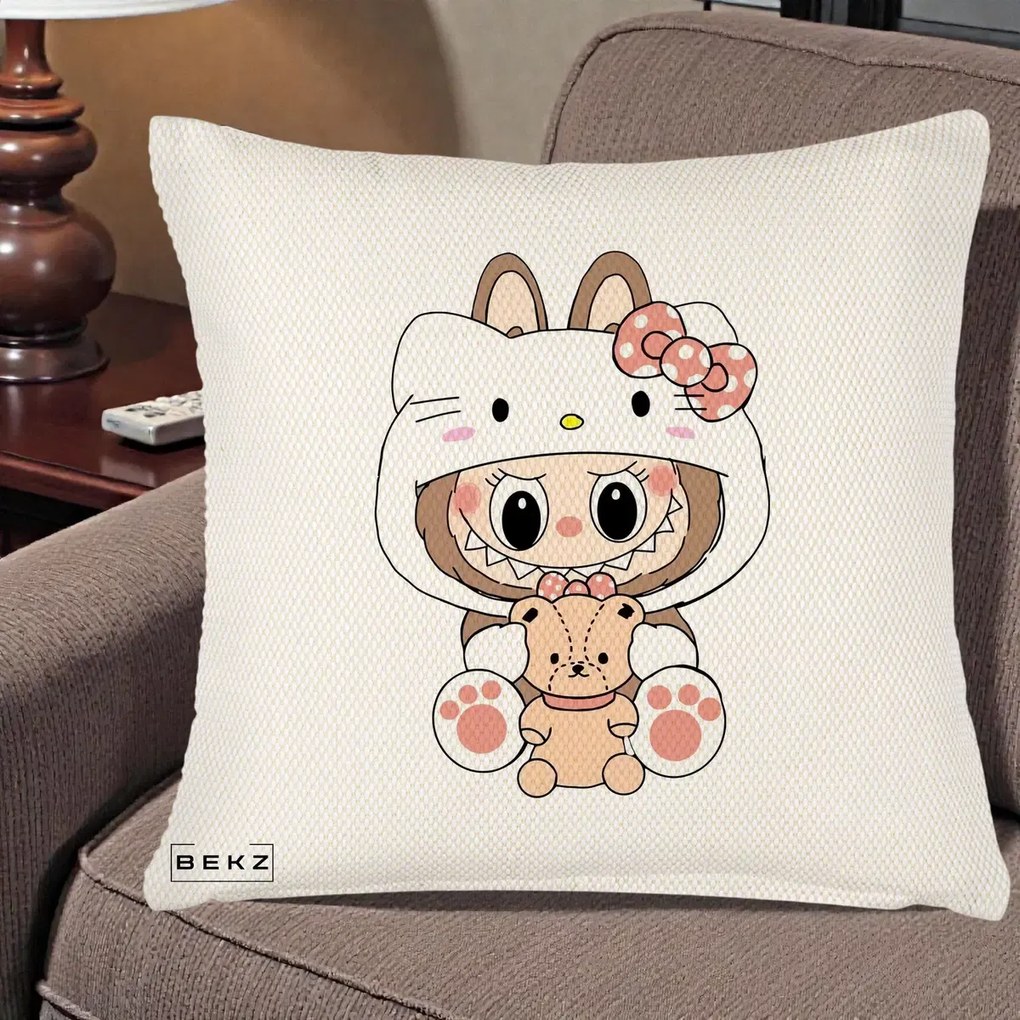 Perna Personalizata Labubu x Hello Kitty, 40x40 cm, Crem Reliefat, Husa Detasabila, Perna Inclusa, BEKZ®