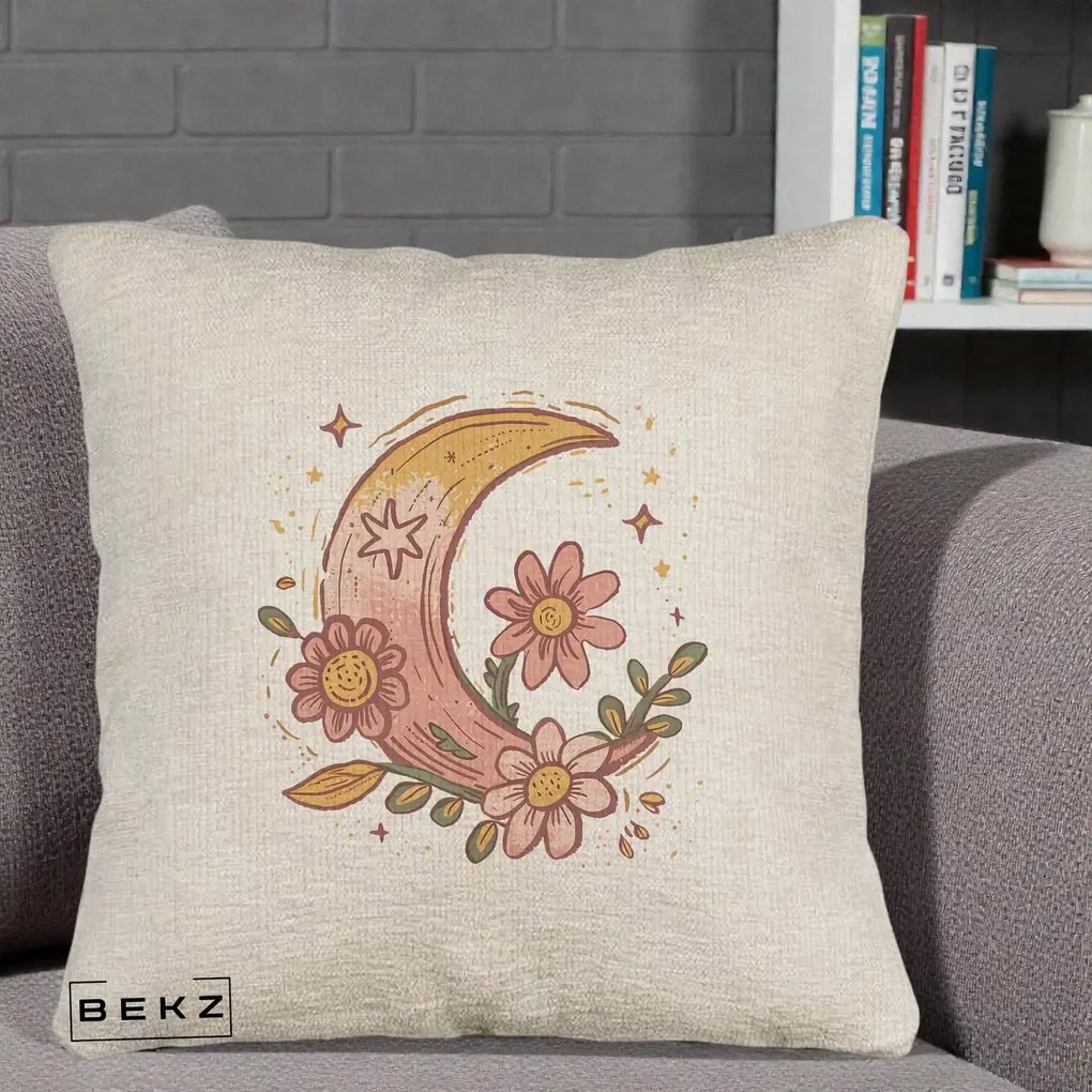 Perna Decorativa Luna Florala Boho, 40x40 cm, Bej Canapea, Husa Detasabila, Perna Inclusa, BEKZ®