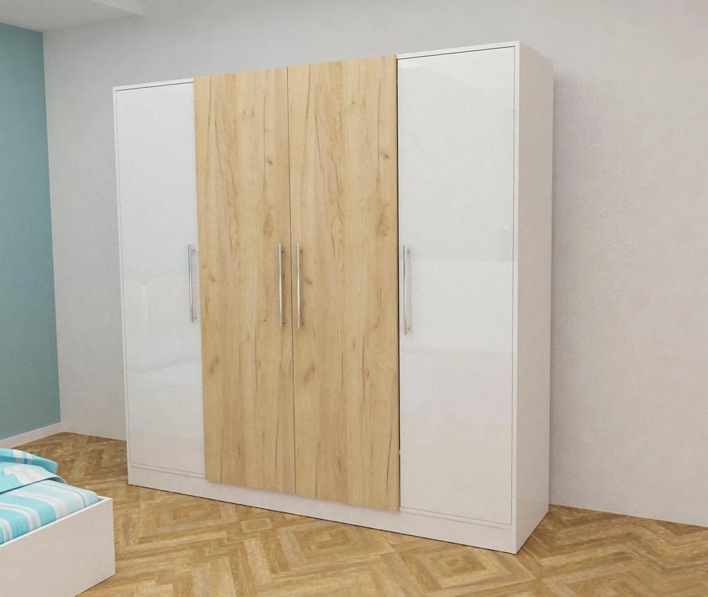 Set dormitor Rila 160 cm alb lucios si stejar craft