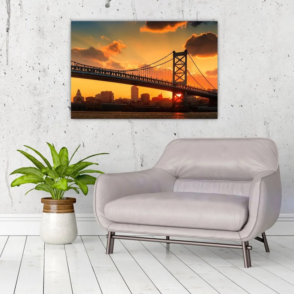 Tablou - Apus de soare peste Podul Ben Franklin, Philadelphia (90x60 cm)
