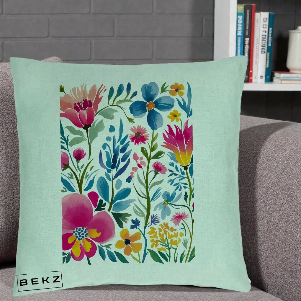 Perna Decorativa Gradina Florala Acuarela Colorata, 40x40 cm, Verde Menta, Husa Detasabila, Perna Inclusa, BEKZ®