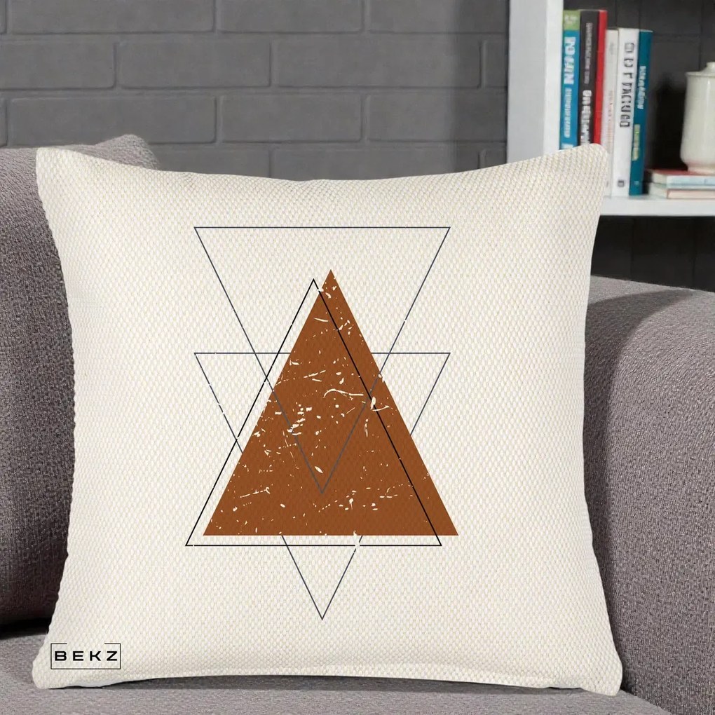 Perna Decorativa Geometric Triunghiuri Sacred, 40x40 cm, Crem Reliefat, Husa Detasabila, Perna Inclusa, BEKZ®