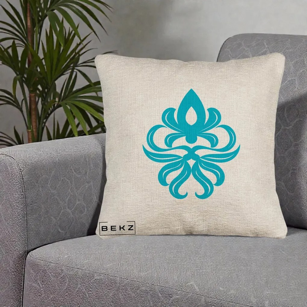 Perna Decorativa Ornament Turcoaz Fleur de Lis, 40x40 cm, Bej Canapea, Husa Detasabila, Perna Inclusa, BEKZ®
