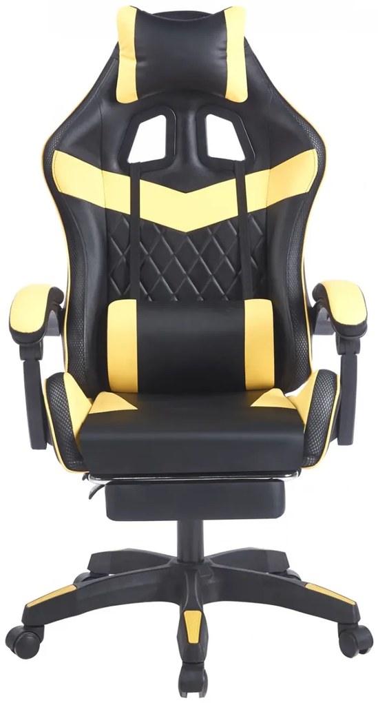 Scaun gaming, sistem iluminare bandă LED RGB, masaj în perna lombară, suport picioare, Negru/Galben