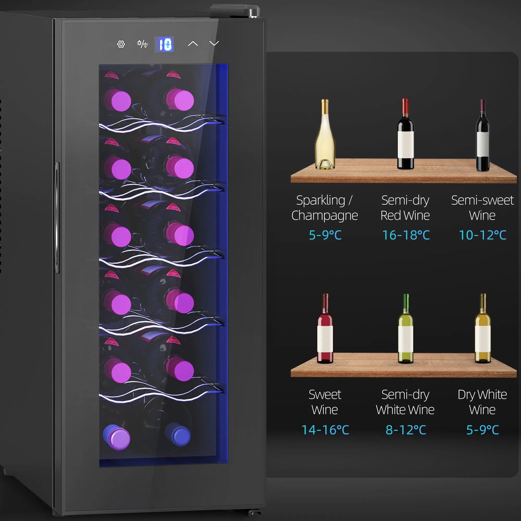 HOMCOM Frigider Termoelectric Dublu pentru 12 Sticle de Vin cu Ușă de Sticlă și Lumină LED, 26,5x51,5x65 cm, Negru | Aosom Romania