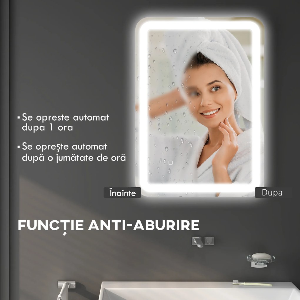 kleankin Oglindă LED, pentru Baie și Machiaj,lumina Reglabilă cu 3 Temperaturi de Culoare, Design anti-aburire, 70x50 cm, Argintiu | Aosom Romania