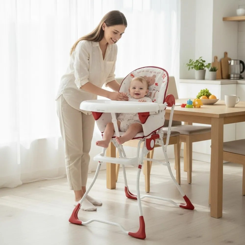 Scaun de masa pentru copii si bebe Baby Care™ CH ,Pliabil, Centura de siguranta, Sezut comfortabil, Masuta detasabila, Model Ursulet , Rosu cu Alb