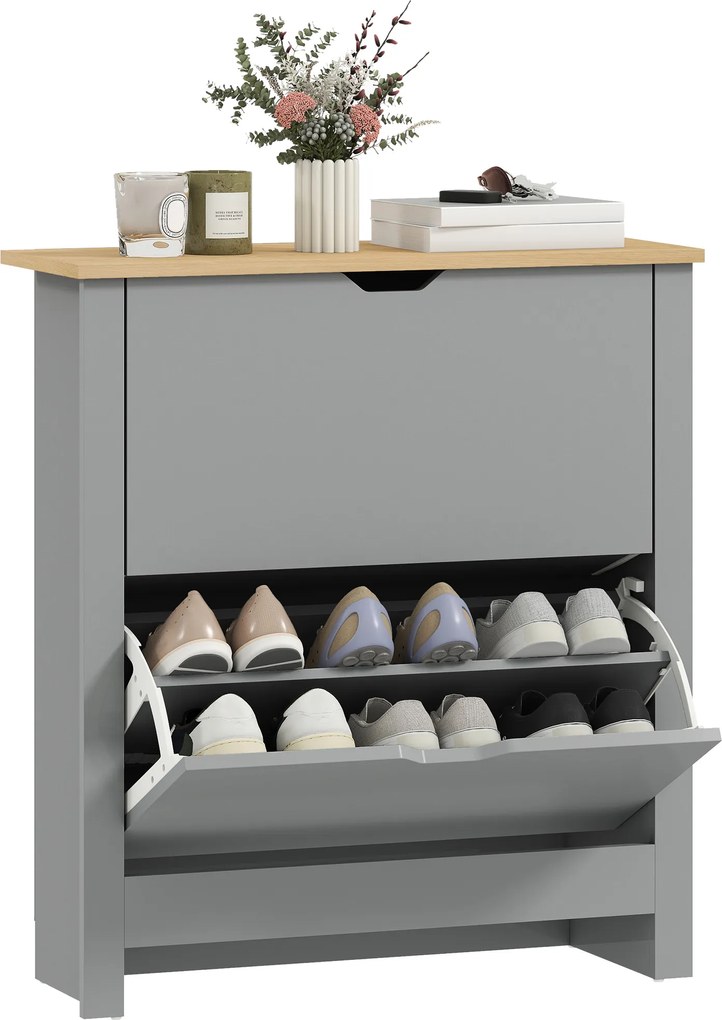 HOMCOM Dulap pentru încălțăminte 12 perechi, dulap îngust cu 2 sertare rabatabile și polițe reglabile, gri deschis | Aosom Romania