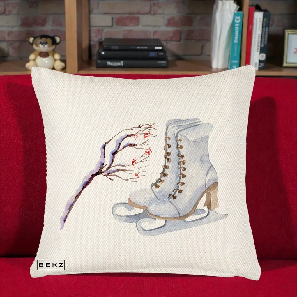 Perna Decorativa Patine cu Ramuri Inzapezite, 40x40 cm, Crem Reliefat, Husa Detasabila, Perna Inclusa, BEKZ®