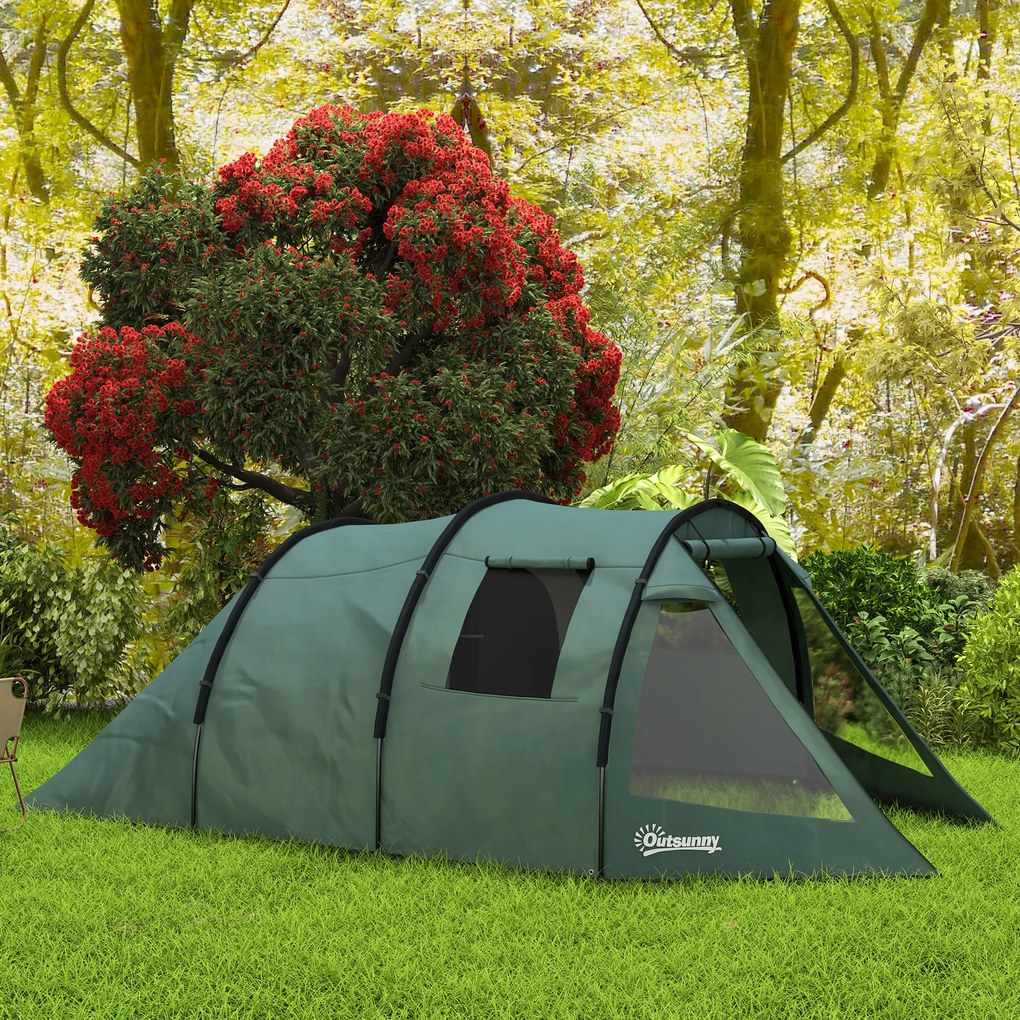 Outsunny Cort de camping pentru 3-4 persoane, două camere interioare, fereastră de plasă, verde, 4,75 x 2,64 x 1,72 m | Aosom Romania