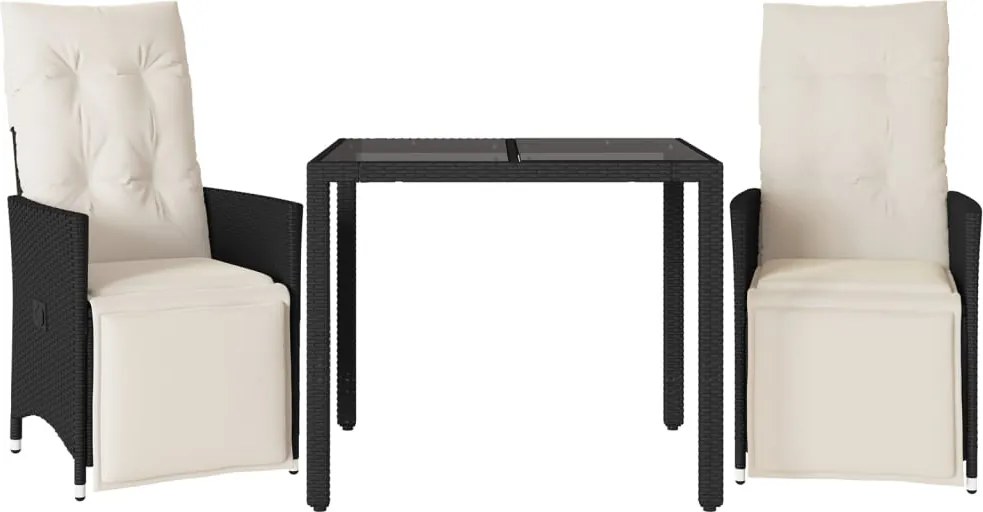 vidaXL Set bistro cu perne, 3 piese, negru, poliratan