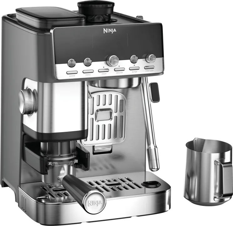 Espressor manual cu rasnita Ninja Luxe Café Mini ES352EU, 1650 W, 9 bar, 250 g, 1,3 l, Barista Assist, 3 setari pentru spumare, 6 tipuri de espresso,Otel inoxidabil