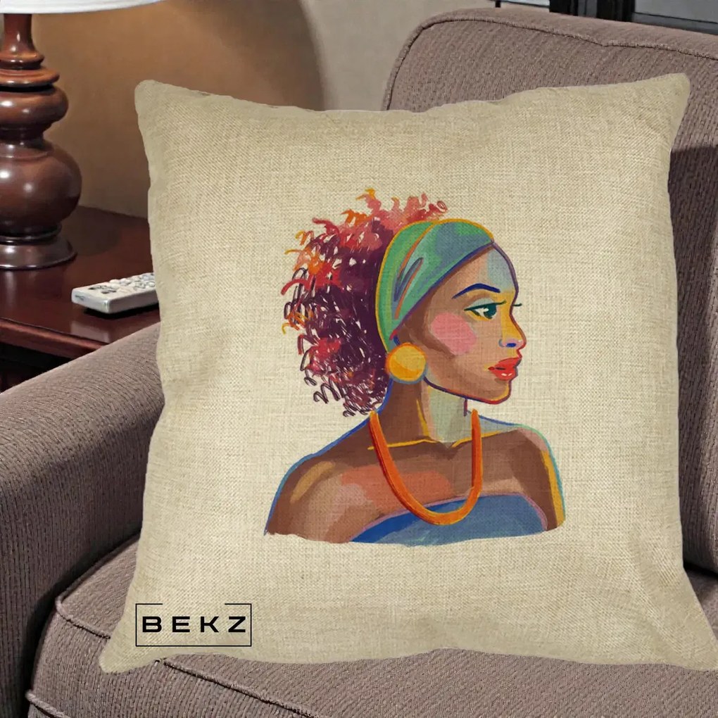 Perna Decorativa Portret Femeie Urbana Acuarela, 40x40 cm, Crem, Husa Detasabila, Perna Inclusa, BEKZ®