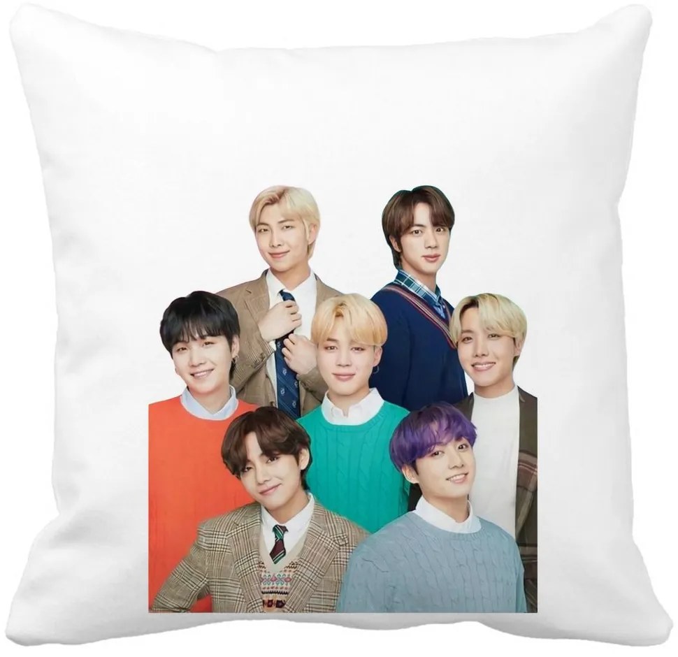 Perna Decorativa BTS Army cu Semnaturi, 40x40 cm, Alba, Mata, Husa Detasabila, Burduf