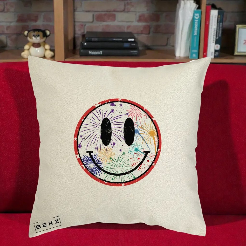 Perna decorativa Smiley Face cu Artificii Multicolore, 40x40 cm cu Umplutura, Ecru, BEKZ