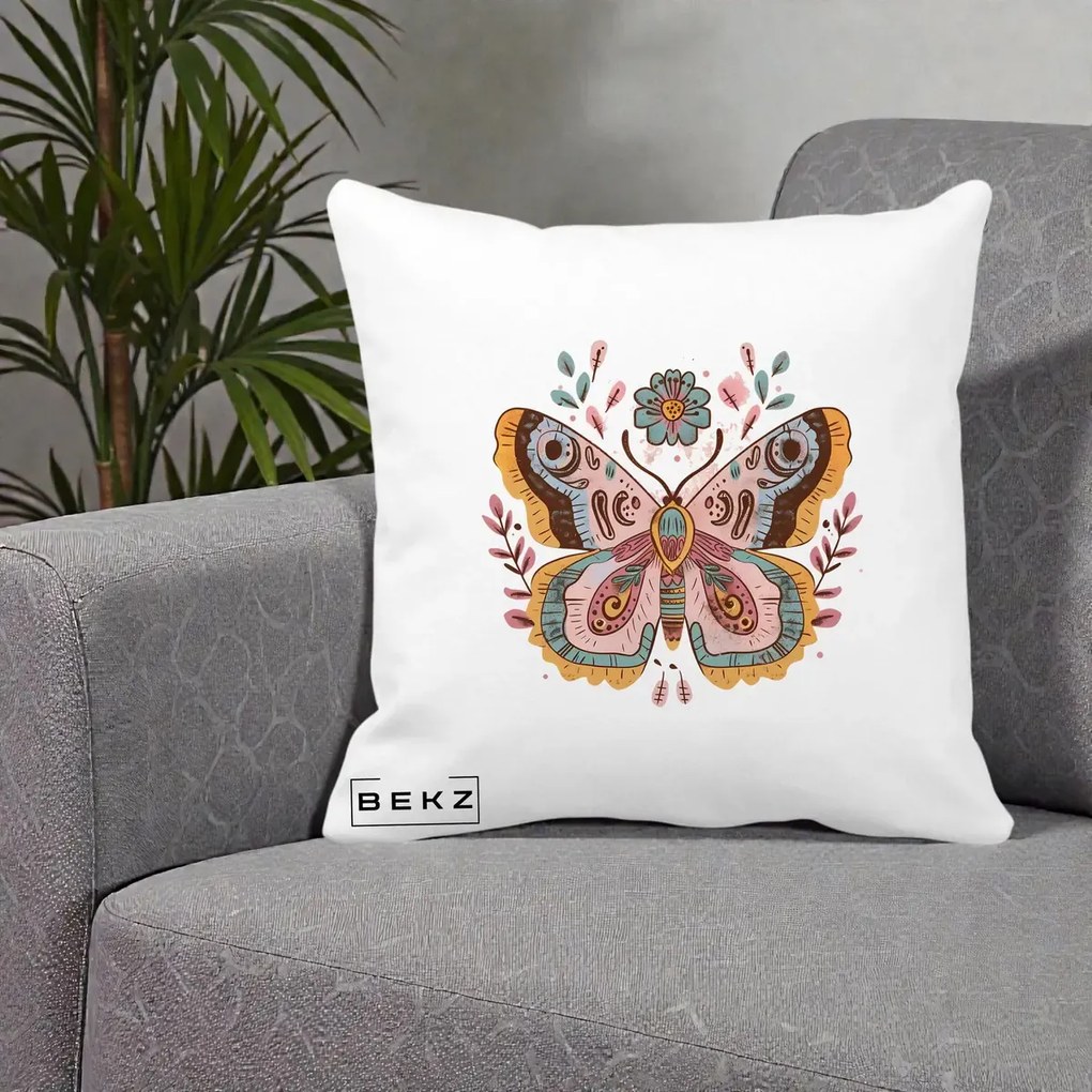 Perna Decorativa Fluture Boho Floral, 40x40 cm, Alba Mata, Husa Detasabila, Perna Inclusa, BEKZ®