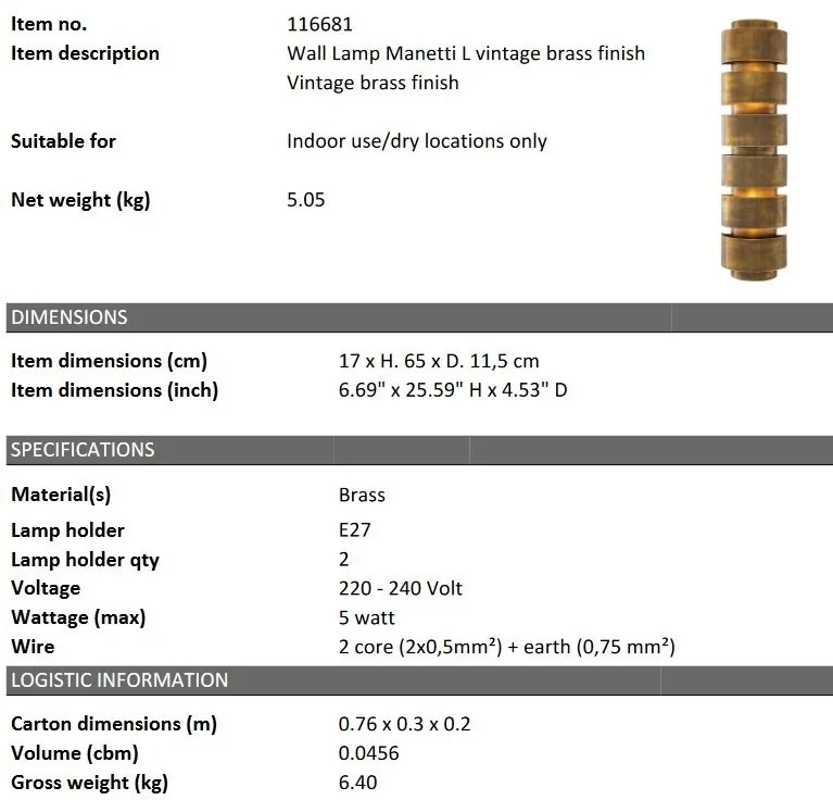 Aplica de perete din alama design LUX Manetti L