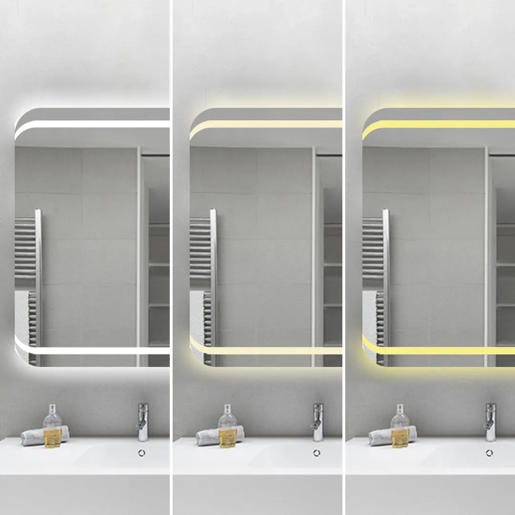Oglindă Baie LED și Dezaburire Elit's Premium cu Senzor Touch, Lumina Rece, Caldă și Neutră, 90x60cm, Lupa Cosmetica esn141
