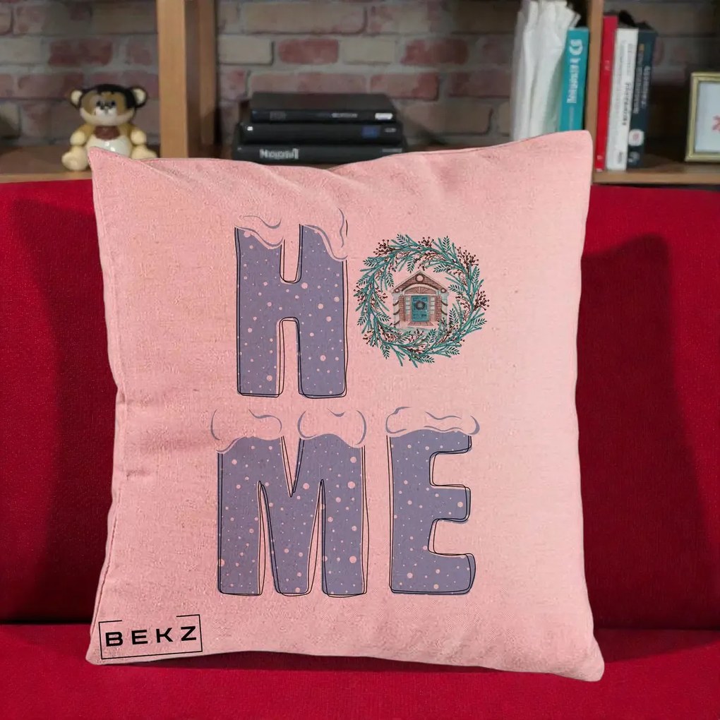 Perna Decorativa HOME Iarna cu Coroana, 40x40 cm, Roz, Husa Detasabila, Perna Inclusa, BEKZ®