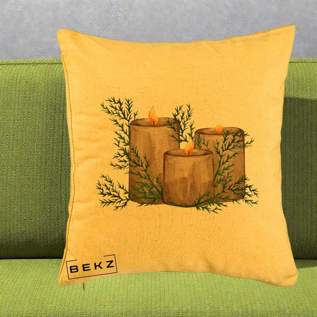 Perna Decorativa Lumanari Rustice cu Crengute Brad, 40x40 cm, Galben, Husa Detasabila, Perna Inclusa, BEKZ®