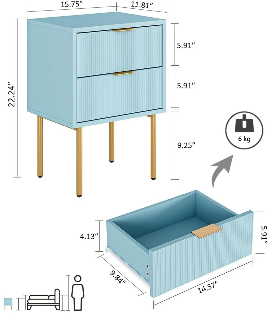 NOR2 - Set 2 Noptiere 40 cm, cu 2 sertare, dormitor - Roz / Albastru - Auriu