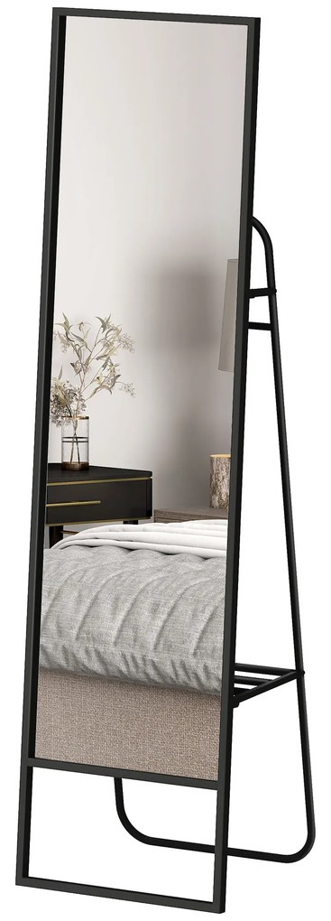 HOMCOM Oglindă pe Picior 148,5 x 40 cm dreptunghiulară cu raft din spate, 2 cârlige și cadru metalic, neagră | Aosom Romania