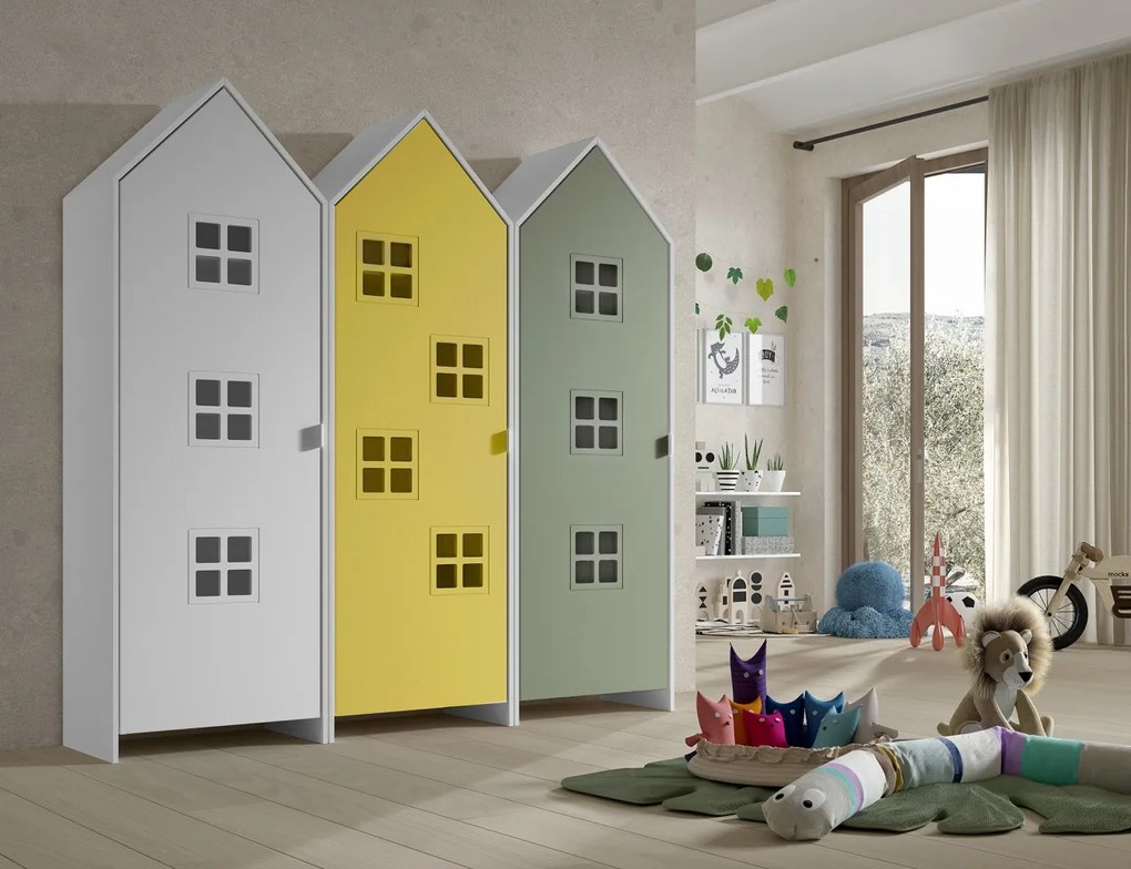 Set 3 dulapuri pentru copii Casami Bruges tip colibă de plajă – 1 cu ușă albă, 1 cu ușă Galben Strălucitor și 1 cu ușă Verde Intens – Vipack