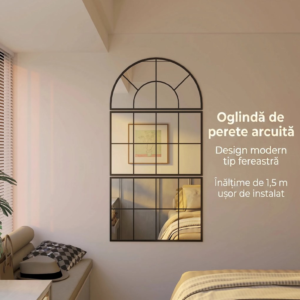 HOMCOM Oglindă de Perete Arcuită în Formă de Fereastră pentru Hol și Sufragerie cu 3 Agățători, 76x43 cm, Negru | Aosom Romania