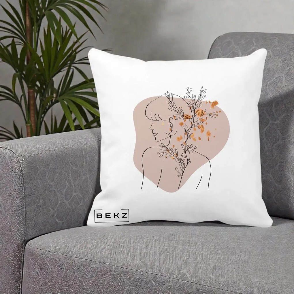 Perna Decorativa Femeie cu Flori Line Art Boho, 40x40 cm, Alba Mata, Husa Detasabila, Perna Inclusa, BEKZ®