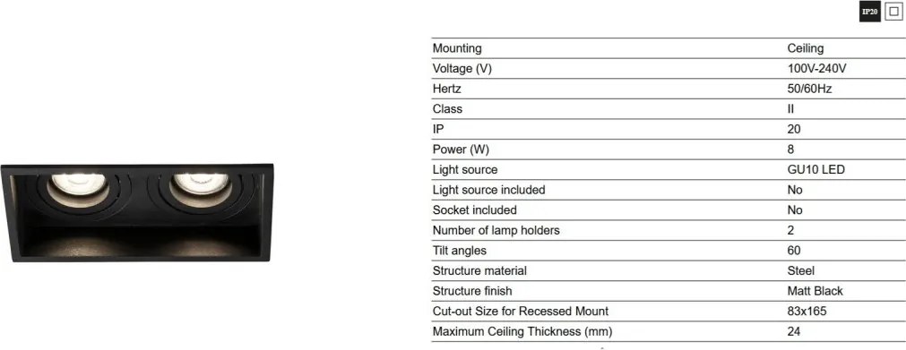 Rama Spot incastrabil tavan orientabil HYDE SQ 2L negru