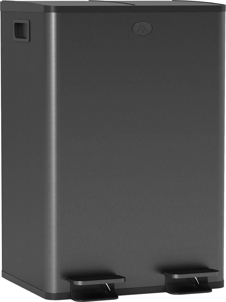 HOMCOM Coș de bucătărie 2 compartimente de 2 x 28L, oțel inoxidabil, capac cu închidere silențioasă, 45,8x36x67,6cm, negru | Aosom Romania