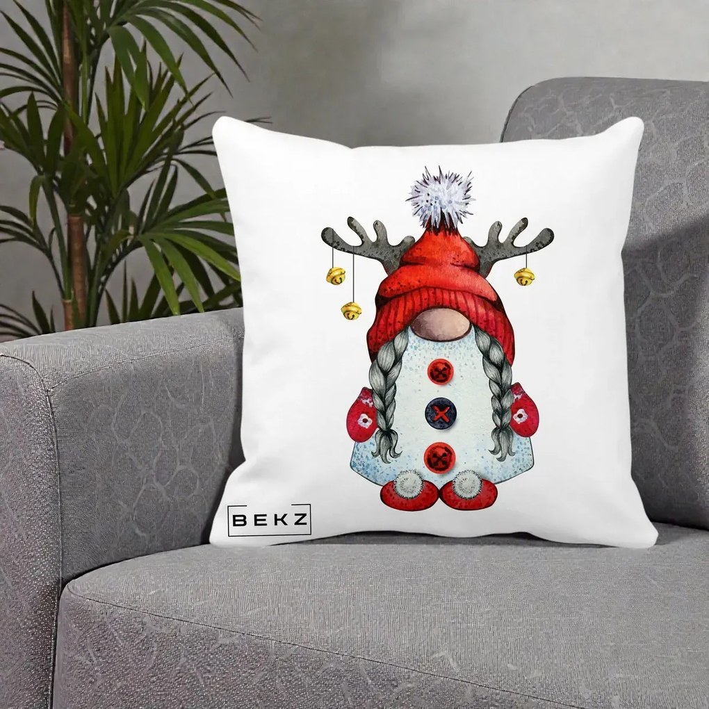 Perna Decorativa Pitic Gnom Craciun cu Coarne de Ren, 40x40 cm, Alba Mata, Husa Detasabila, Perna Inclusa, BEKZ®