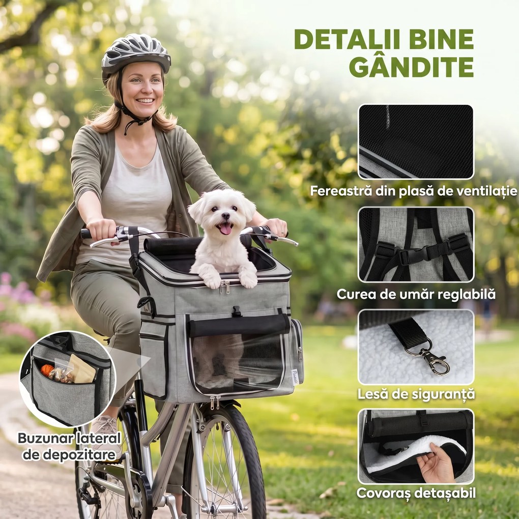 PawHut Coș Frontal pentru Bicicletă pentru Câini, cu Ferestre din Plasă, Pernă Moale și Bol, Gri Deschis | Aosom Romania
