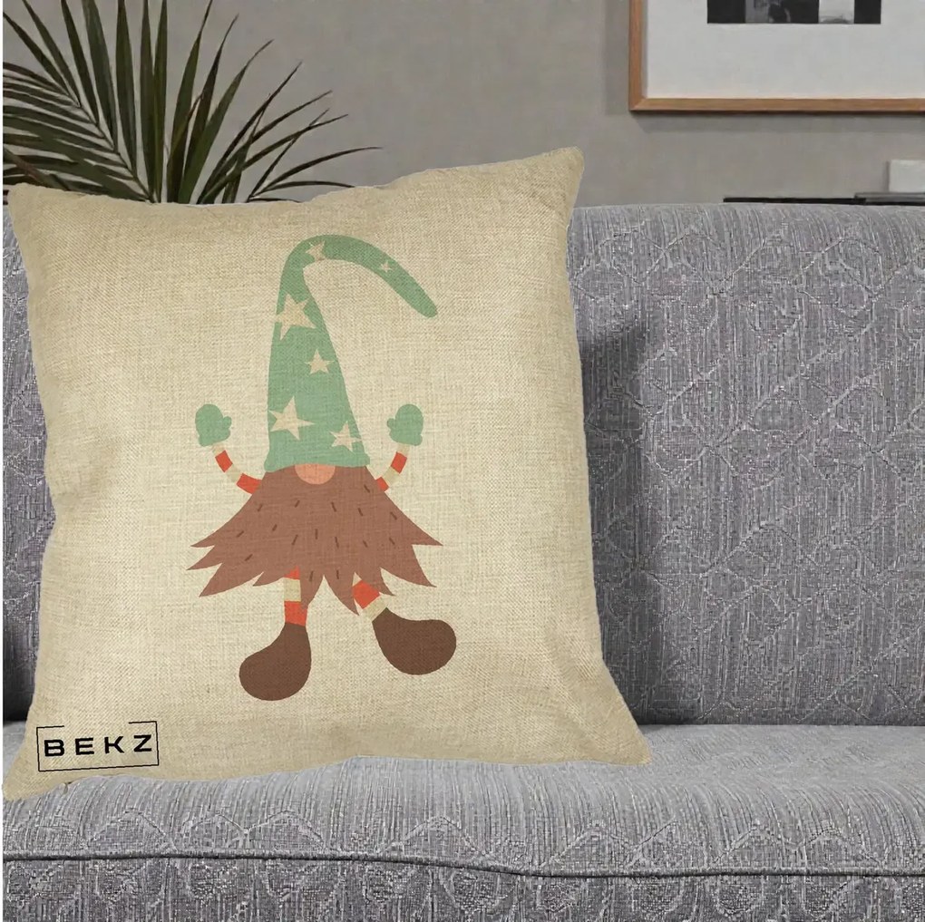 Perna Decorativa Pitic Gnom Nordic cu Cadou Menta, 40x40 cm, Crem, Husa Detasabila, Perna Inclusa, BEKZ®