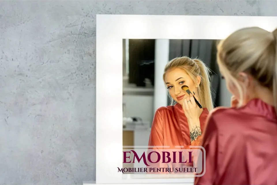 Masuta machiaj cu Oglinda LED si 7 Sertare pentru Cosmetice, Set Masa toaleta 120 cm, Alb, masuta cosmetica, vanity - SEA516C