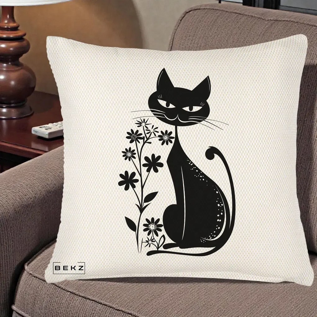 Perna decorativa Pisica Neagra Grafica Minimalista, 45x45 cm cu Umplutura, Crem Reliefat, BEKZ