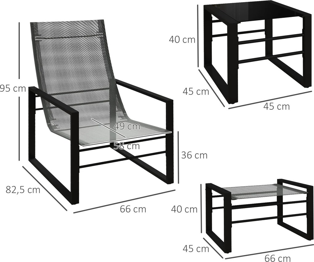 Outsunny Salon de grădină 5 piese 2 locuri cu 2 fotolii, 2 scaune pentru picioare și 1 masă, metal negru, șezut material mesh gri | Aosom Romania