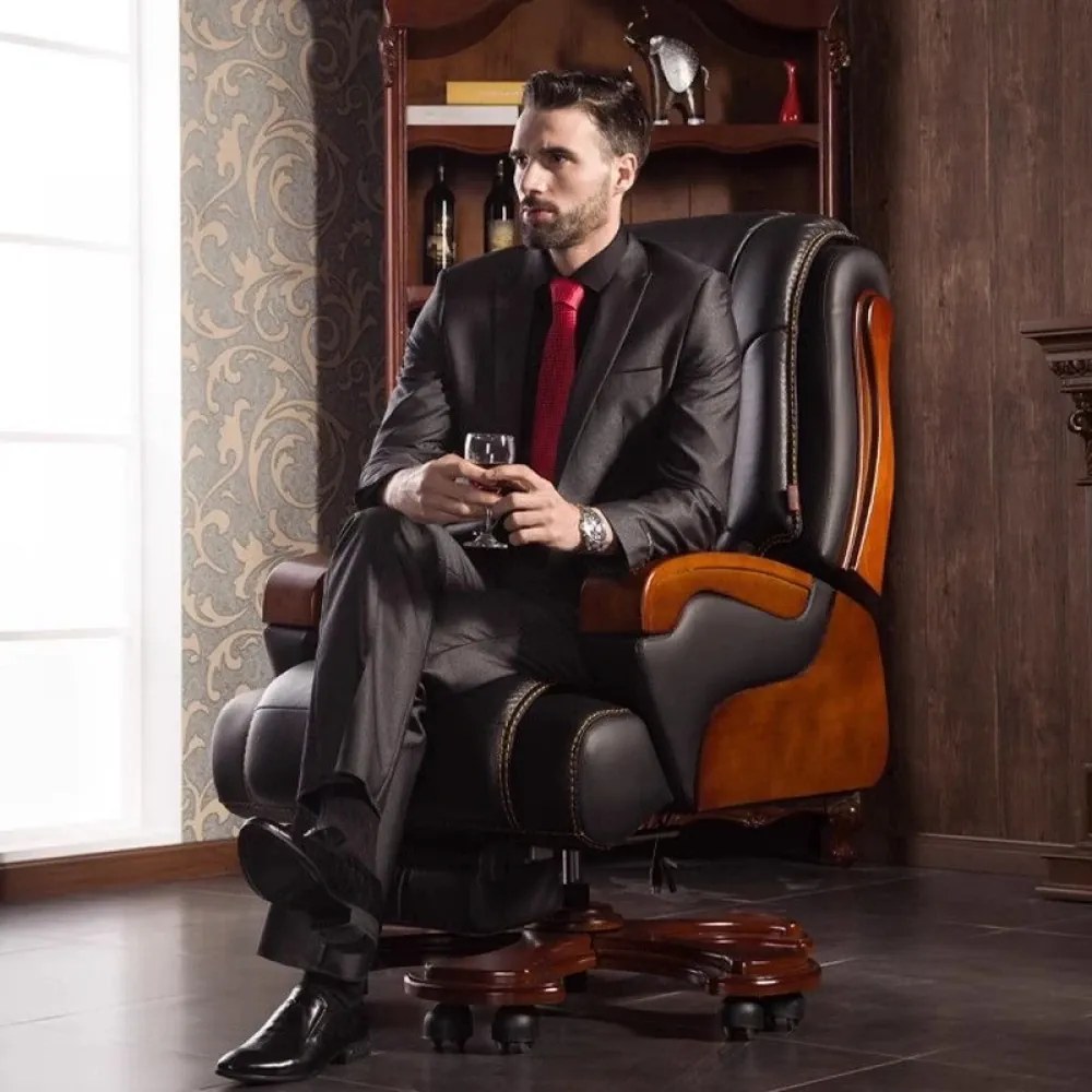 Regal Elite – Scaun directorial din Piele Naturală si Lemn Masiv, Sezut cu Arcuri, Înclinare 135°, Suport Picioare Extensibil, Maro
