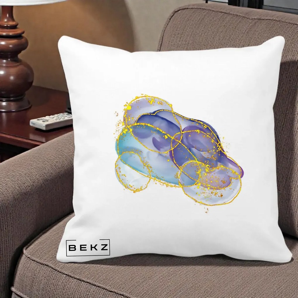 Perna Decorativa Abstract Acuarela Albastru-Mov cu Cercuri Aurii, 40x40 cm, Alba Mata, Husa Detasabila, Perna Inclusa, BEKZ®