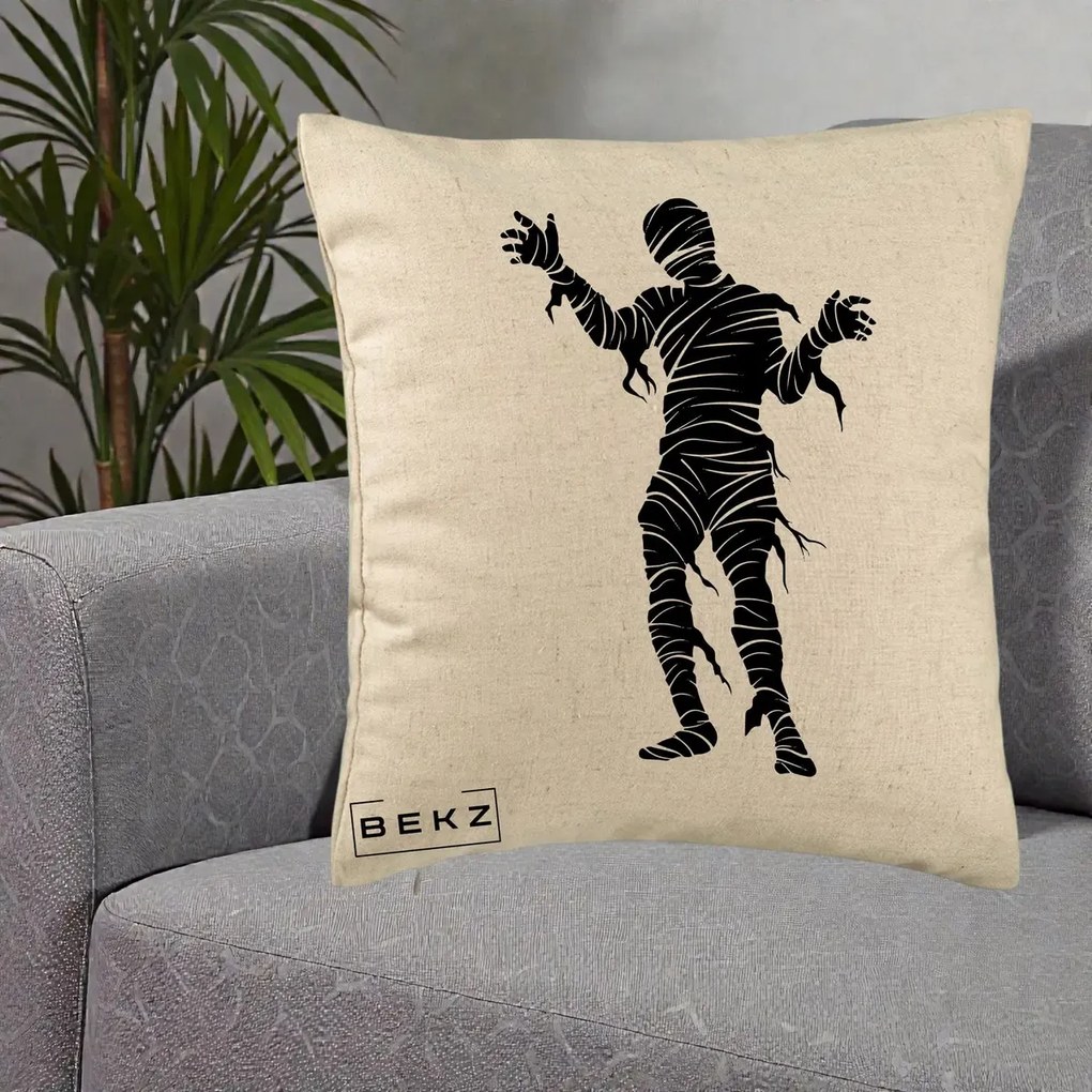 Perna Decorativa Mormii Infricosat Silueta Neagra Halloween, 40x40 cm, Bej, Husa Detasabila, Perna Inclusa, BEKZ®