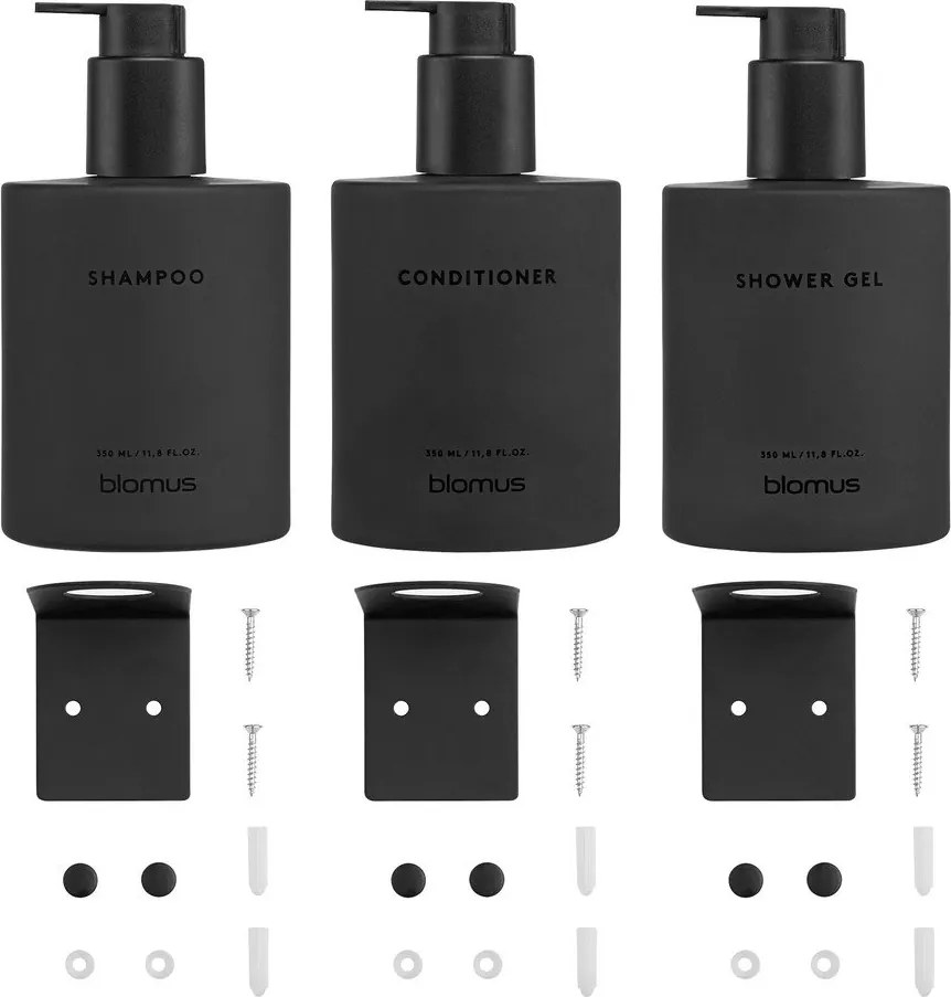 Dozatoare de săpun lichid negre 3 buc. de montat pe perete din sticlă 350 ml Kirei – Blomus