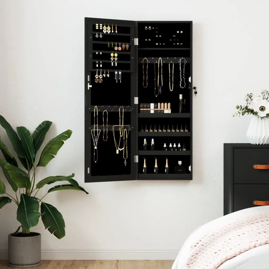 vidaXL Dulap de bijuterii cu oglindă de perete, negru, 37,5x10x106 cm