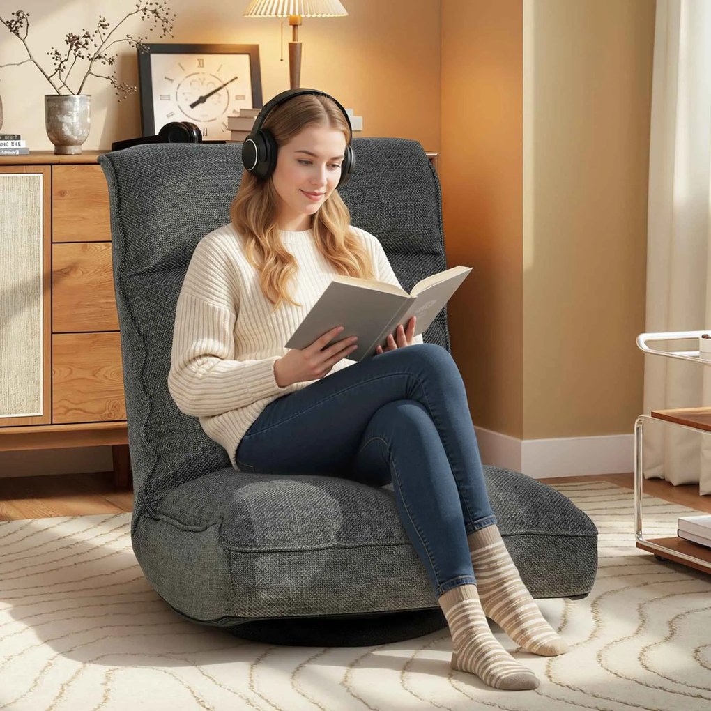 HOMCOM Fotoliu de podea pliabil, rotativ 360°, scaun de podea căptușit cu spătar reglabil în 5 poziții, 58x107x79cm, gri | Aosom Romania