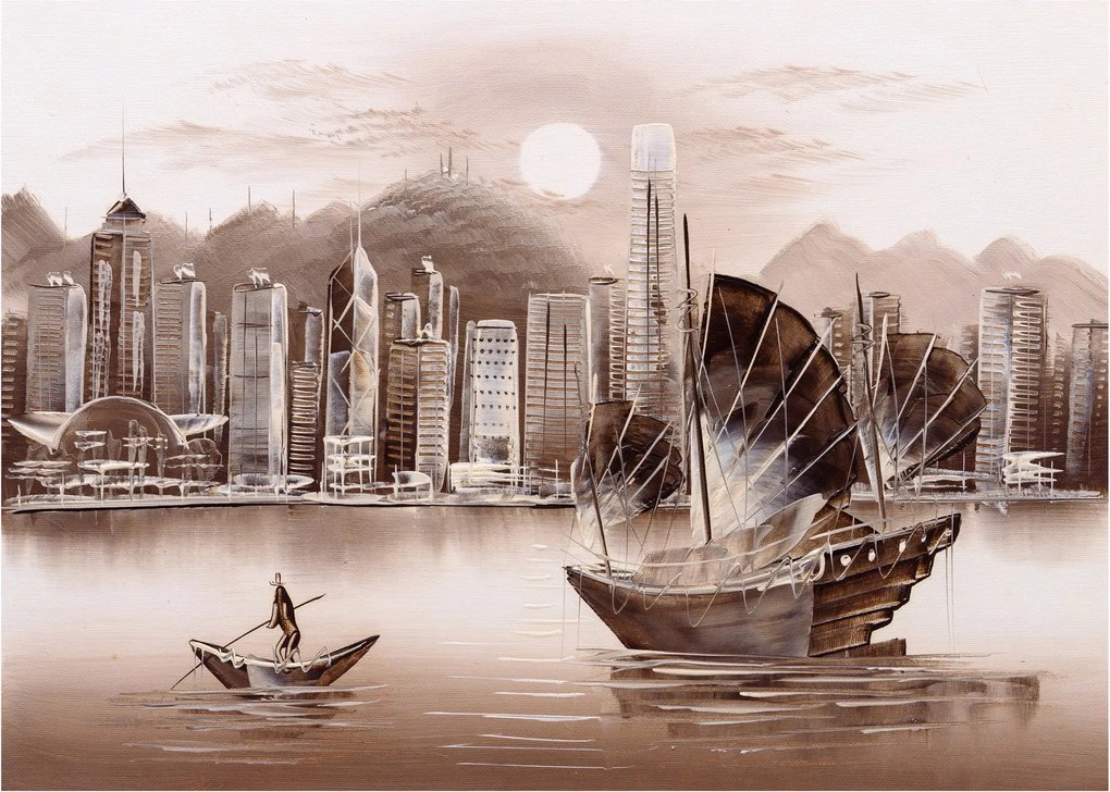 Tablou pe sticlă - Victoria Harbour, Hong Kong, efect sepia (70x50 cm)