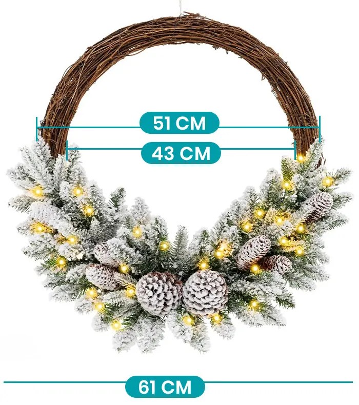 Coroniță de iarnă cu zăpadă și lumini LED calde