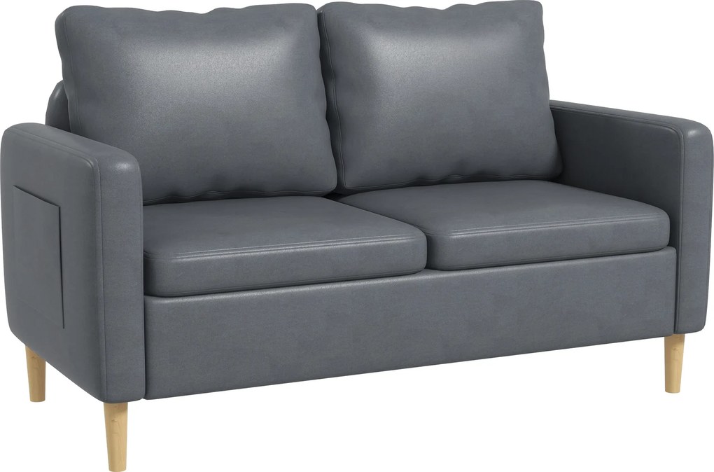 HOMCOM Canapea 2 locuri Tapițată în Poliester cu 2 Buzunare Laterale, Brațere și Picioare din Lemn 143x76x83 cm Gri | Aosom Romania